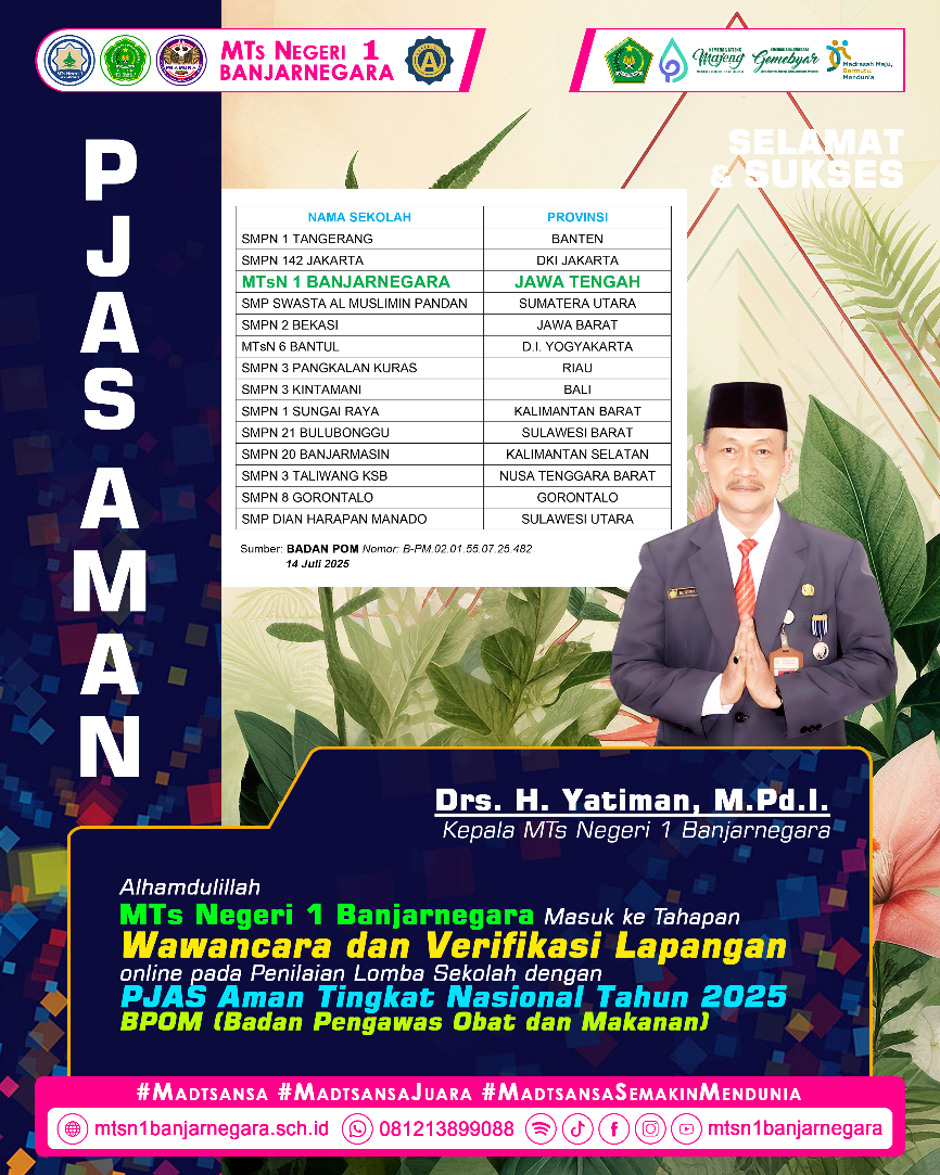 Membanggakan! MTs Negeri 1 Banjarnegara Wakili Provinsi Jawa Tengah Dalam Lomba Sekolah Dengan PJAS Aman Tingkat Nasional Membanggakan! MTs Negeri 1 Banjarnegara Wakili Provinsi Jawa Tengah Dalam Lomba Sekolah Dengan PJAS Aman Tingkat Nasional