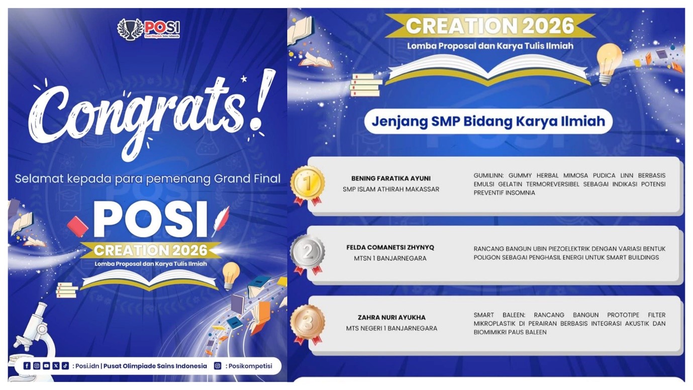 Dua Tim Riset MTs Negeri 1 Banjarnegara Raih Juara di Ajang POSI Creation 2026