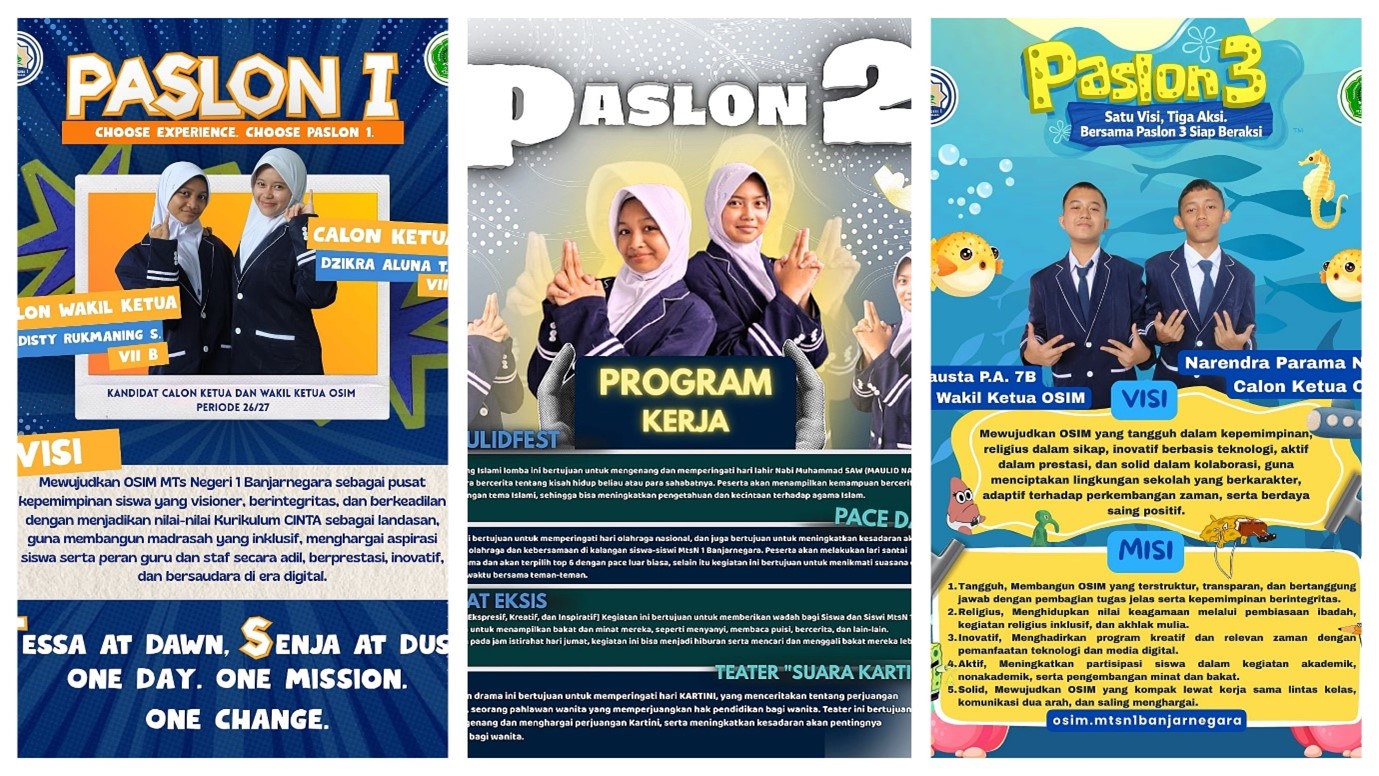 Flyer Visi Misi Tiga Pasang Calon Ketua dan Wakil Ketua OSIS MTs Negeri 1 Banjarnegara Resmi Dipublikasikan