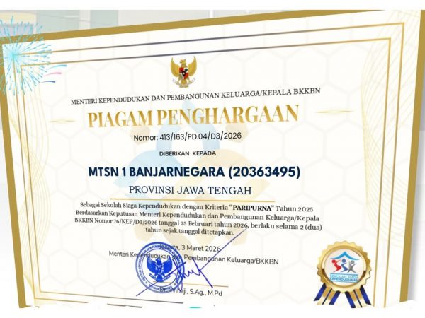 MTsN 1 Banjarnegara Raih Apresiasi sebagai Sekolah Siaga Kependudukan, Bukti Komitmen Pendidikan Berwawasan Kependudukan