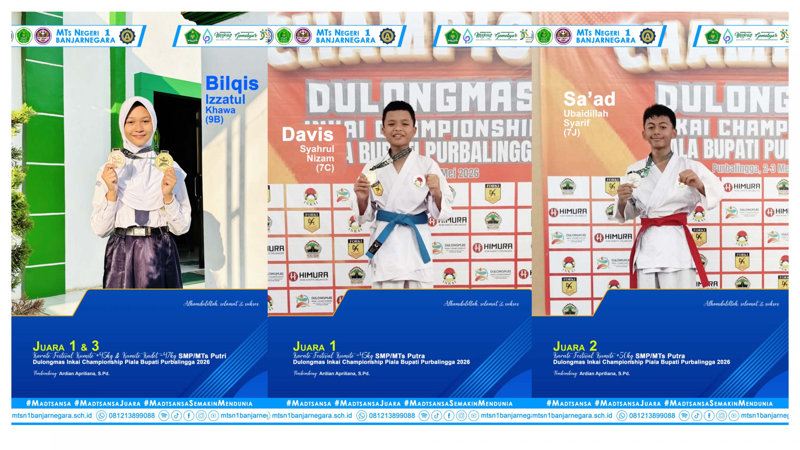 Tiga Atlet MTs Negeri 1 Banjarnegara Sabet Prestasi Gemilang di Dulongmas INKAI Championship 2026